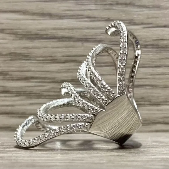Italian Silver Sterling Silver Free-Form Crystal Full Finger Cage Ring, Size 5 - Picture 3 of 8